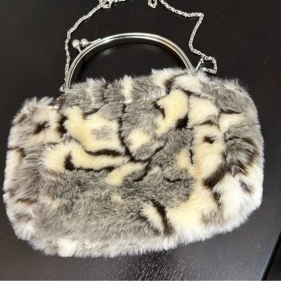 Adorable Faux Fur Mini Handbag Purse Asymmetrical Handle Silver Hardware Clean - Picture 3 of 15